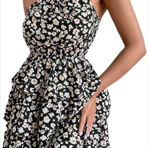 Elegant One Shoulder Floral Dress in Black and White